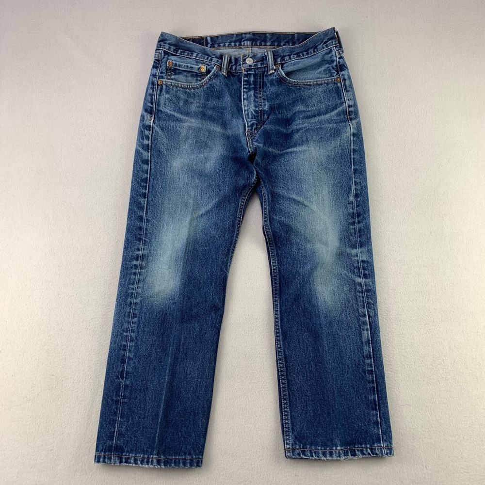 Levi's 505 Straight Leg Jeans Mens 32 Blue Casual Classic Denim Pants Whiskering
